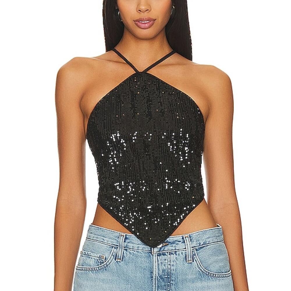 Camila Coelho Sequined Black Samantha Halter Top Size M